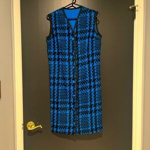 Vintage Handmade Blue and Black Houndstooth Sleeveless Sheath Dress